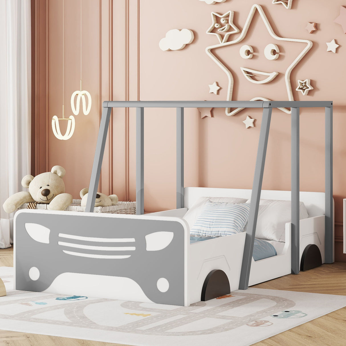 Twin Size Car-Shaped Bed With Roof, Wooden Twin Floor Bed With Wheels And Door Design, Montessori Inspired Bedroom