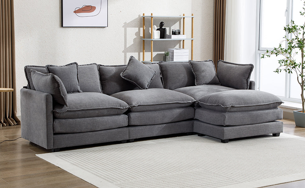 112.2" Chenille Upholstered Sofa with Ottoman and 5 Pillows - Gray