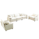 3 Piece Living Room Set with Soft Cushions and Pillows in Corduroy Fabric - Off White