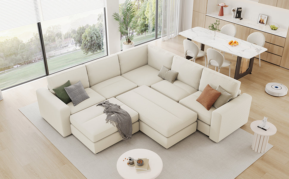 121.3" Modular Sectional Sofa with Two Movable Ottomans,  Beige