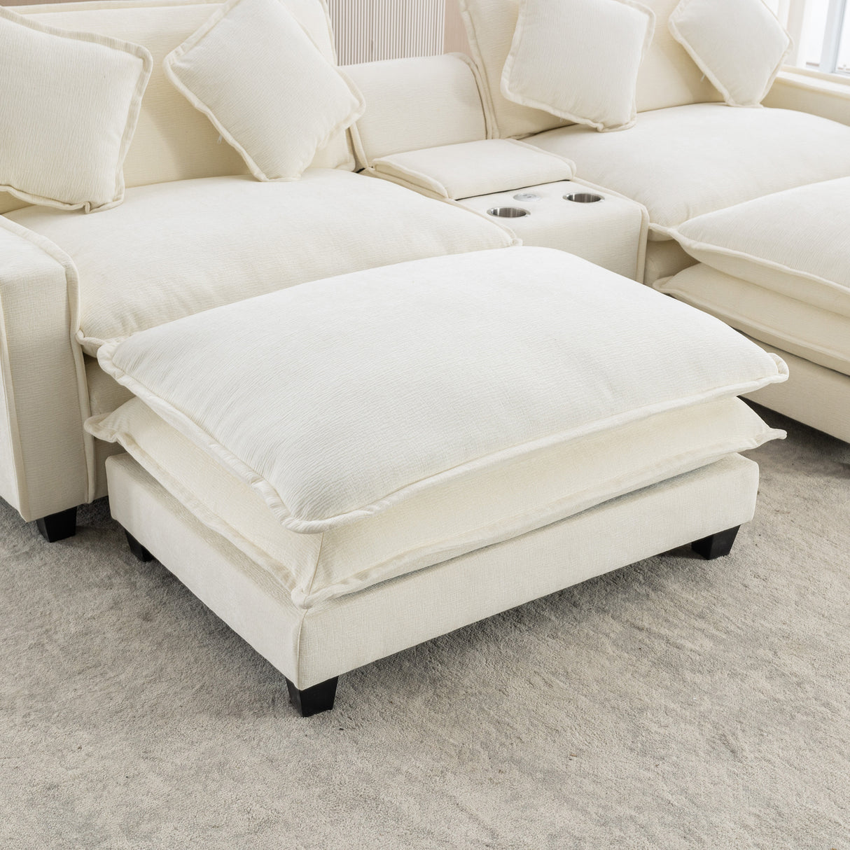 112.6" Chenille Upholstered Sofa with Two Ottomans, Two USB Ports, Two Cup Holders and Large Storage Box - Beige