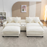 112.6" Chenille Upholstered Sofa with Two Ottomans, Two USB Ports, Two Cup Holders and Large Storage Box - Beige