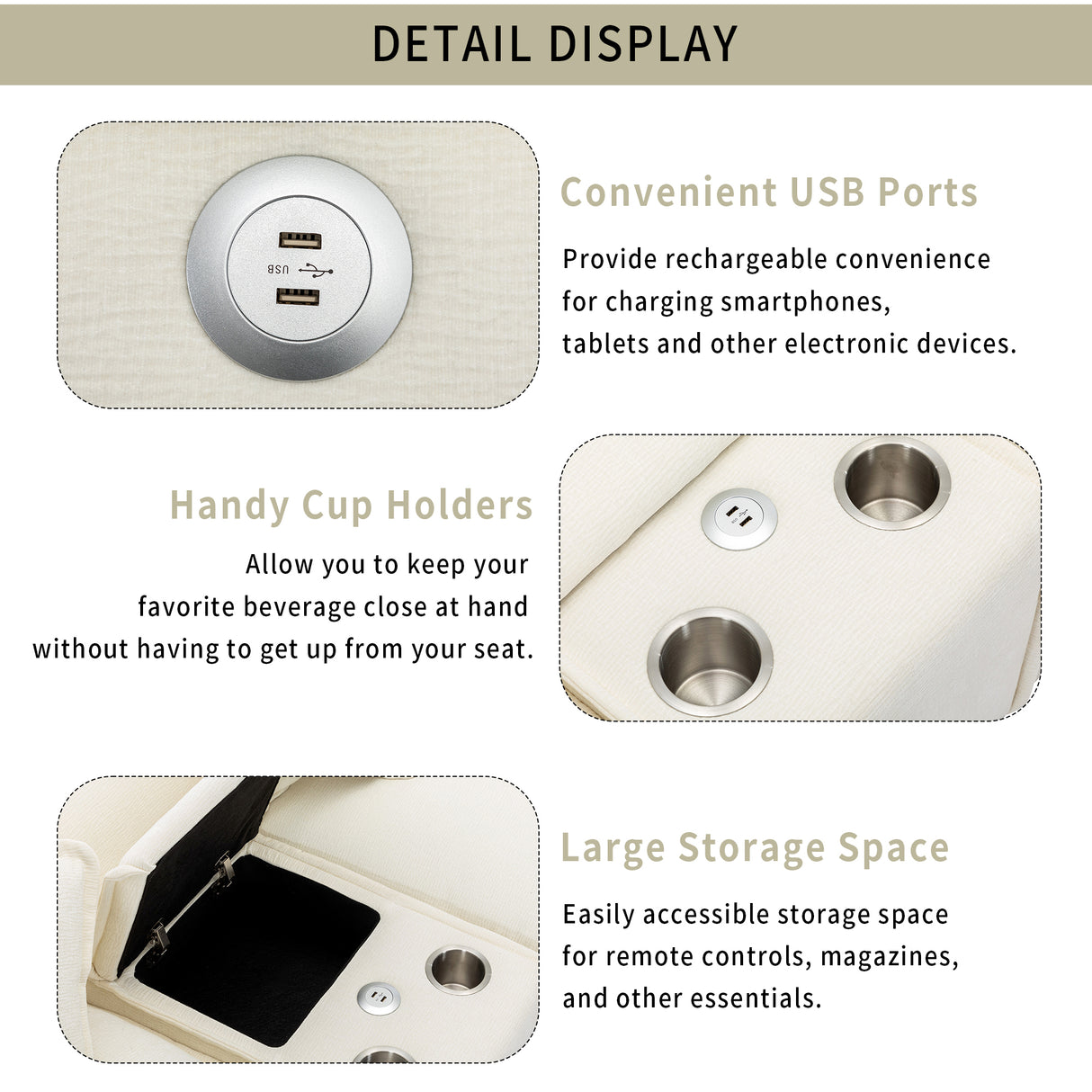 112.6" Chenille Upholstered Sofa with Two Ottomans, Two USB Ports, Two Cup Holders and Large Storage Box - Beige