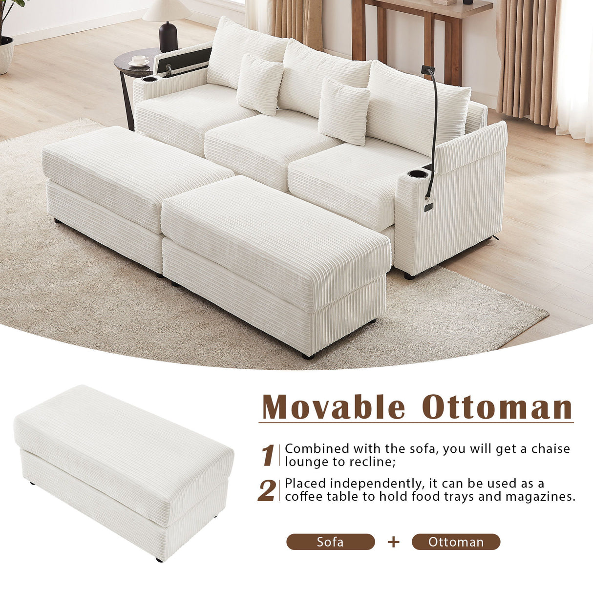 Modern Style Loveseat Sofa Sectional Sofa Couch With Storage Space, A Movable Ottoman, Two USB Ports, Two Cup Holders, A Phone Holder For Living Room