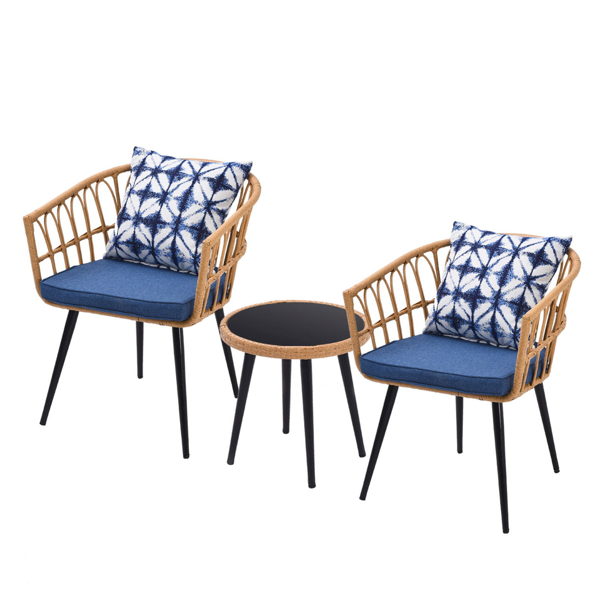 3 Piece Patio Bistro Set With Side TableWith Glass Top, Cushions & Lumbar Pillows - Boho Blue