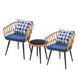 3 Piece Patio Bistro Set With Side TableWith Glass Top, Cushions & Lumbar Pillows - Boho Blue