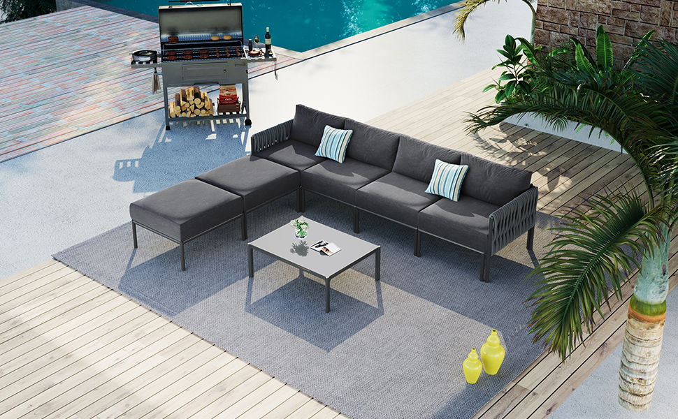 6 Piece Aluminum Patio Furniture Set With Removable Extra Thick Cushions - Gray