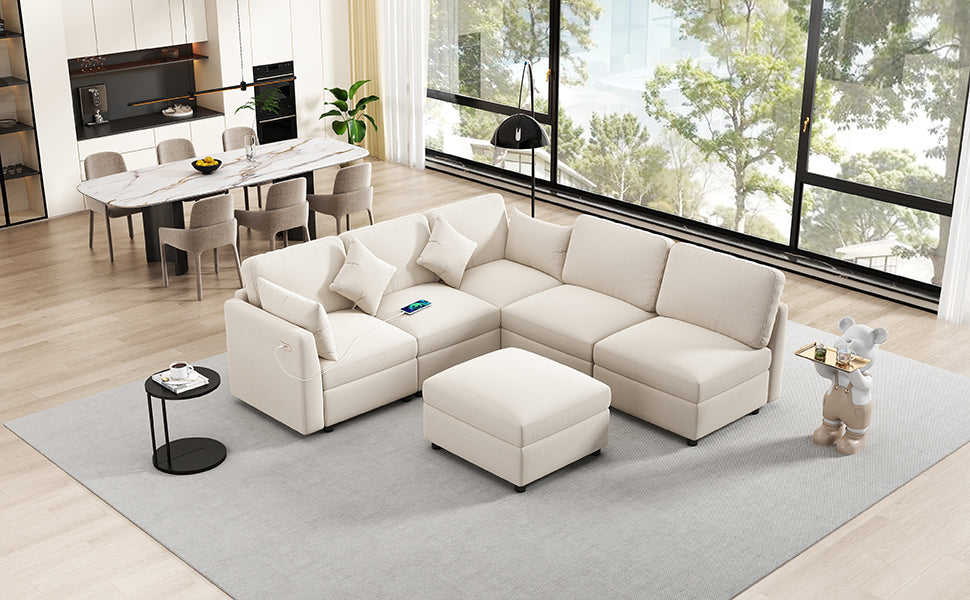 85.4" Modular Sectional Sofa with a Movable Ottoman and Two USB Ports, Beige