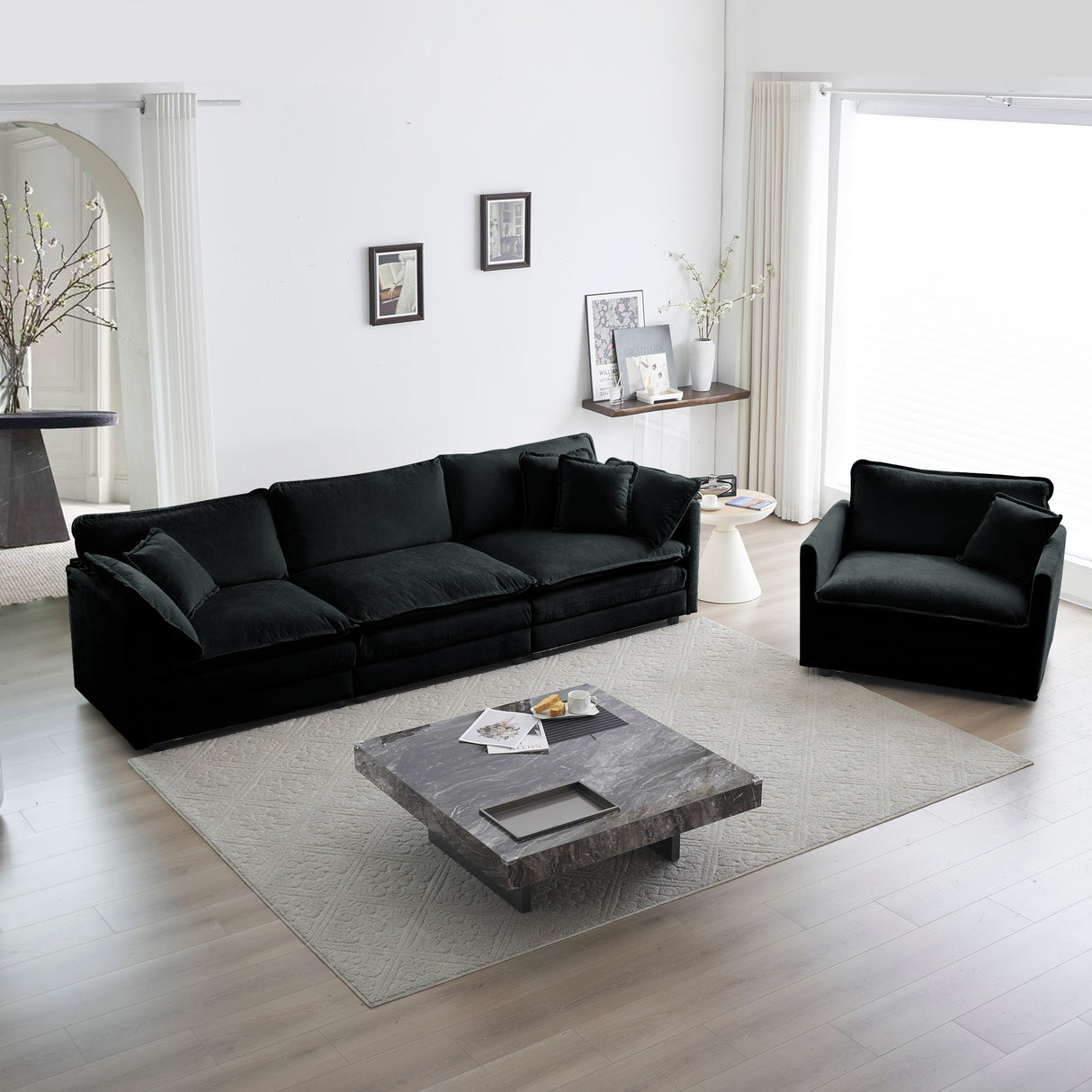 Modern Chenille 3 Piece Living Room Set - Black