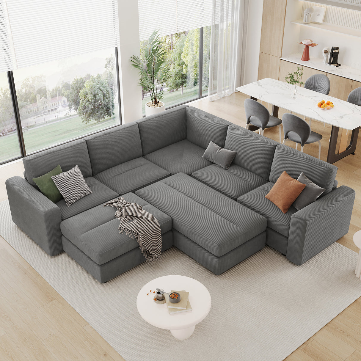 121.3" Modular Sectional Sofa with Two Movable Ottomans, Gray