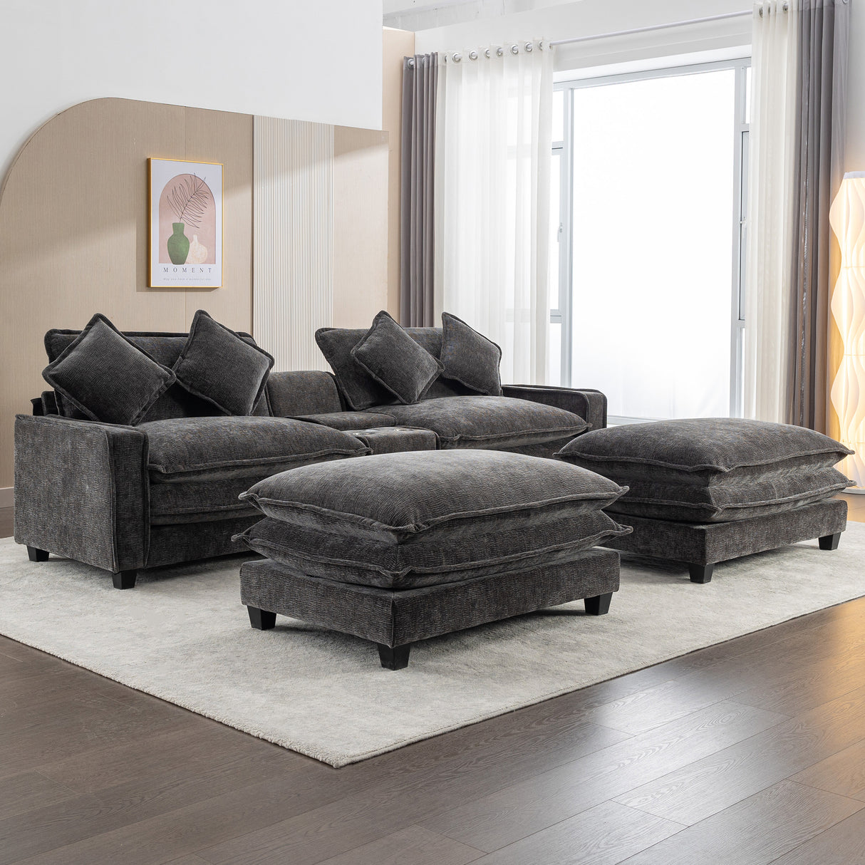 112.6" Chenille Upholstered Sofa with Two Ottomans, Two USB Ports, Two Cup Holders and Large Storage Box -Dark Gray