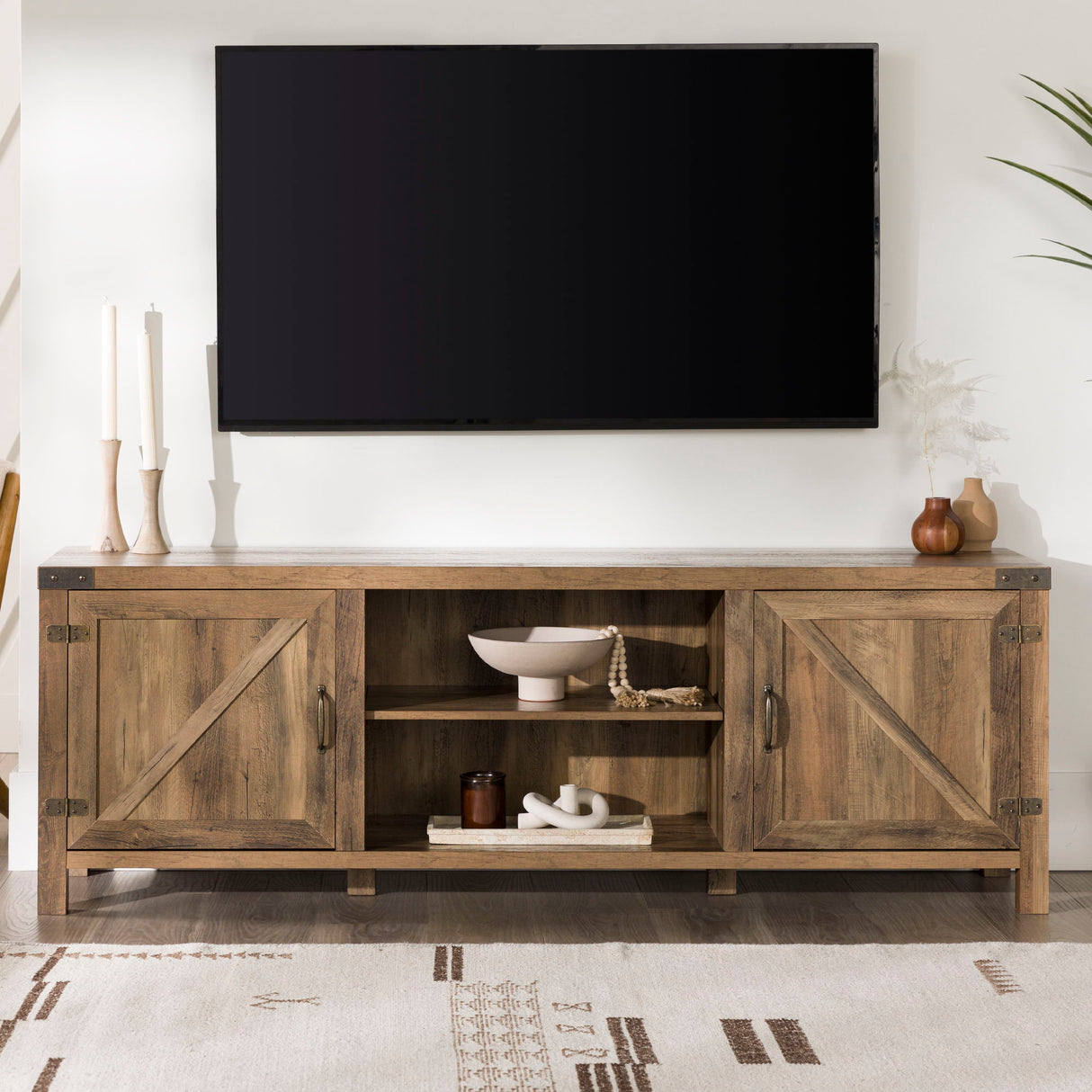 Rustic Farmhouse Double Barn Door 70" TV Stand For 80" TVs With Center Shelves