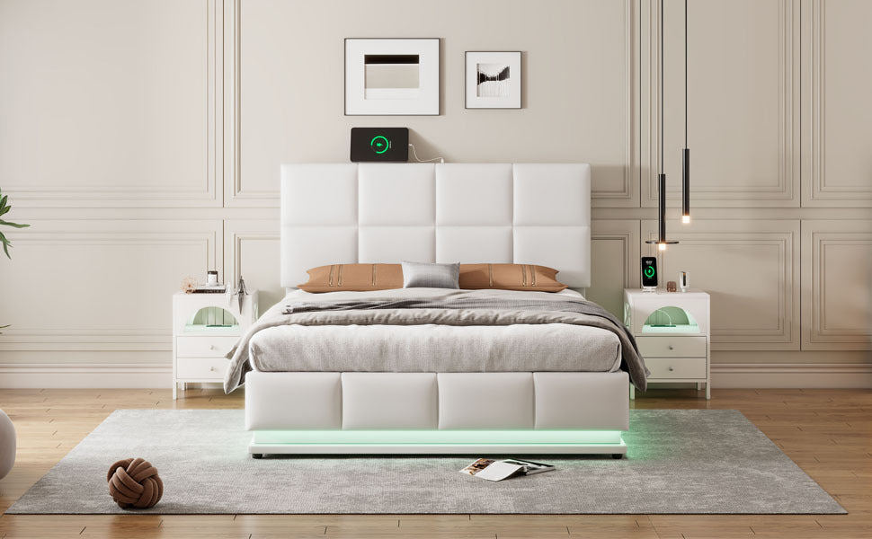 Full Size Tufted Upholstered Platform Bed with Hydraulic Storage System  with LED Lights and USB charger - White