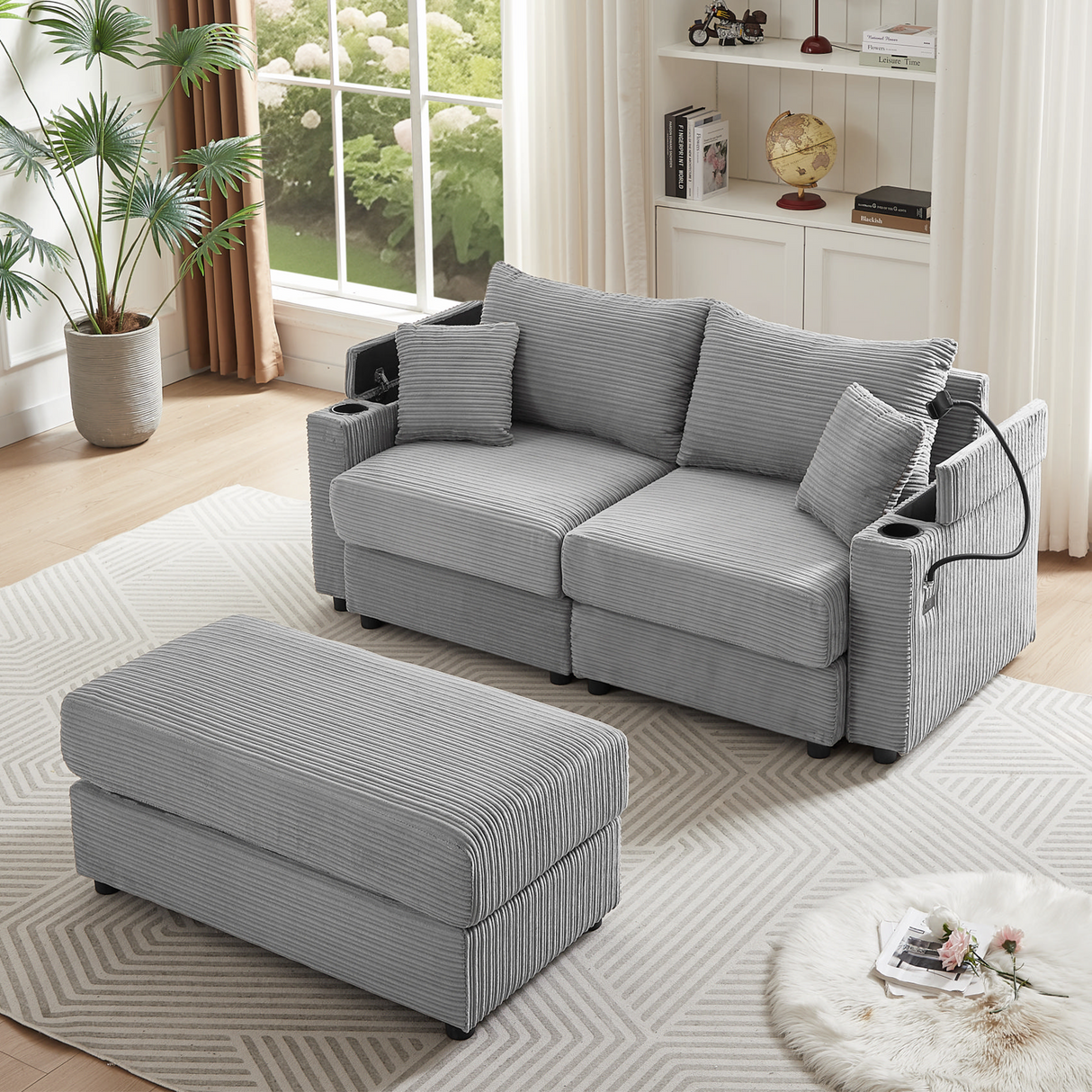 72.8" Modern Style Loveseat with Storage Space, Movable Ottoman, Two USB Ports, Two Cup Holders and Phone Holder - Gray