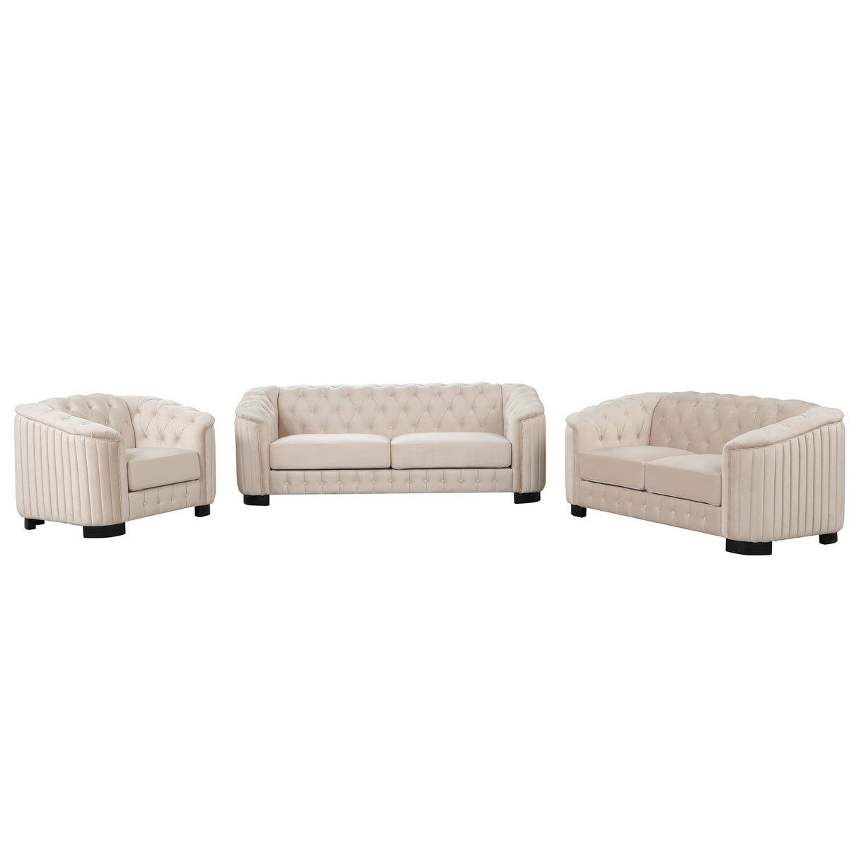 Modern 3-Piece Velvet Upholstered Living Room Set Including Sofa, Love Seat and Chair, Beige