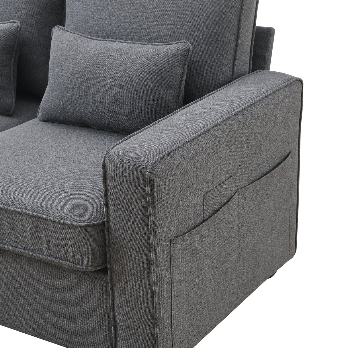 114.2" Upholstered Sofa with Console, 2 Cupholders, 2 USB Ports for Wired or Wireless Charge with 4 Pillows - Charcoal Gray