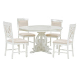 TREXM 5-Piece Retro Functional Dining Set with a 16-inch Leaf and 4 Upholstered Chairs (Antique White)