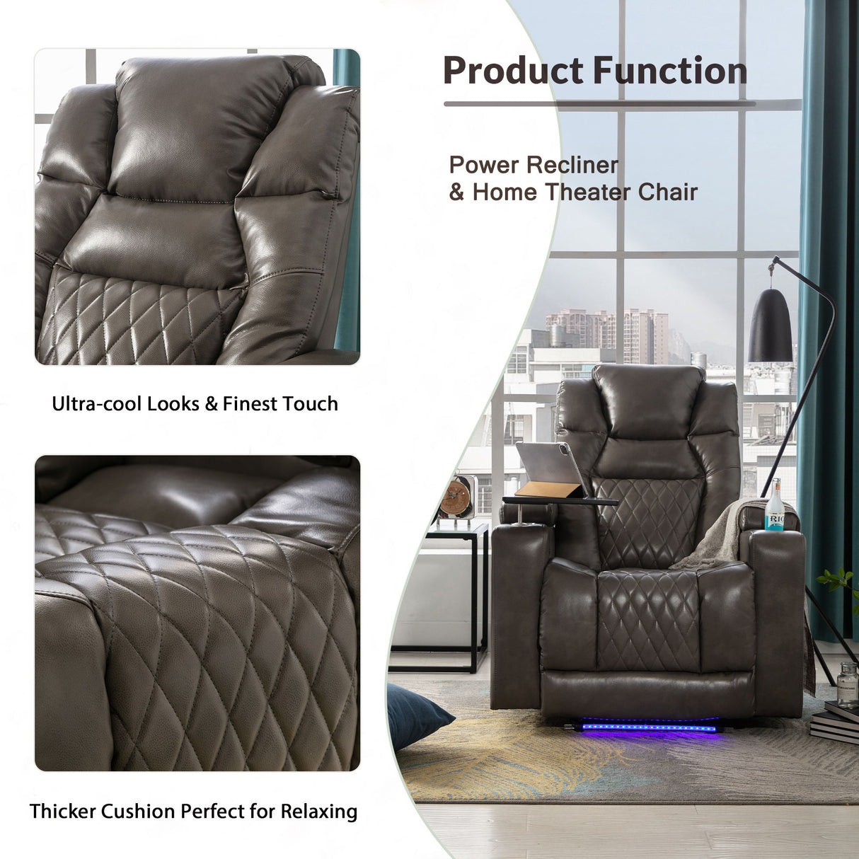 Power Motion Recliner With USB Charging Port And Hidden Arm Storage, Home Theater Seating With 2 Convenient Cup Holders Design And 360 Degree Swivel Tray Table