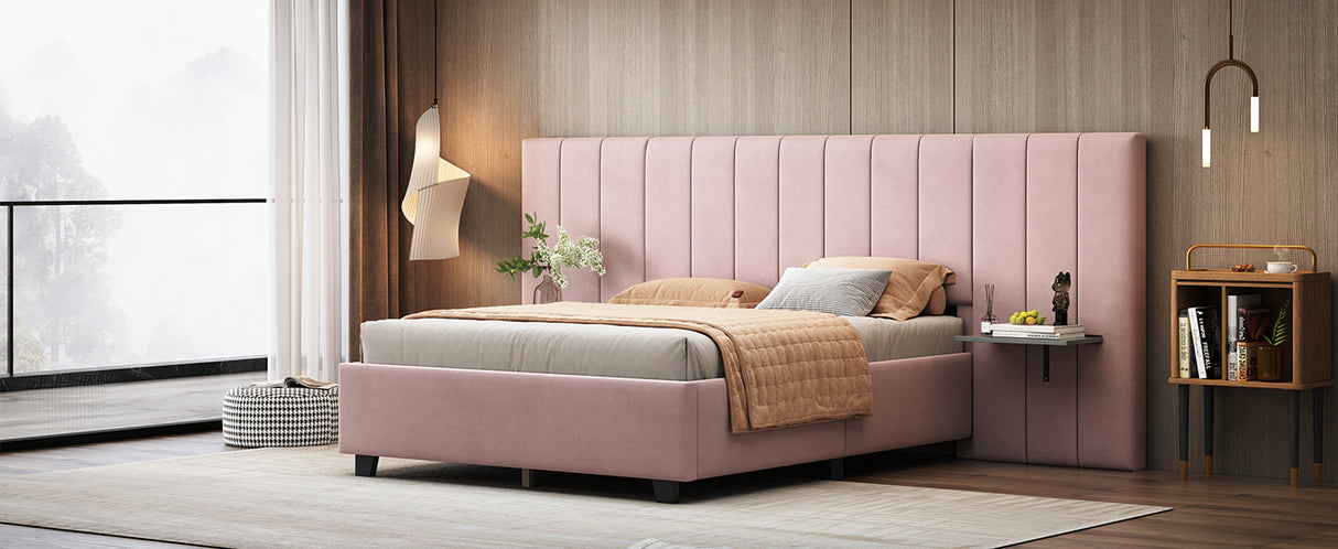 Full Size Upholstered Platform Bed with Tall Headboard, Pink