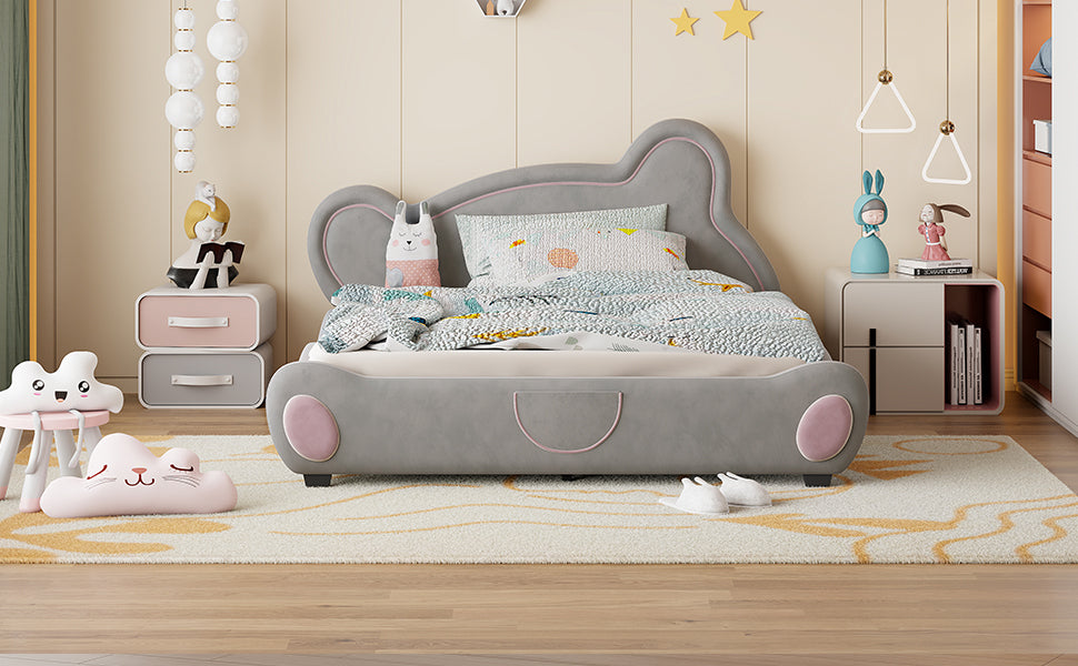 Queen Size Velvet Platform Bed with Bear-Shaped Headboard and  Storage Pocket, Gray