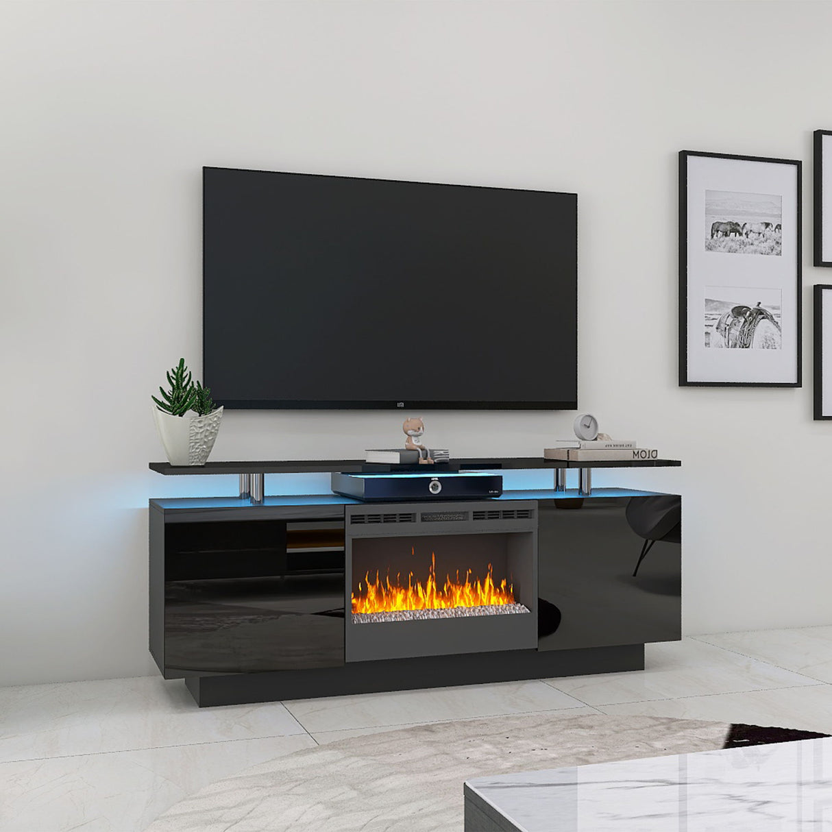 Large TV Stand With Fireplace and LED Light - Black