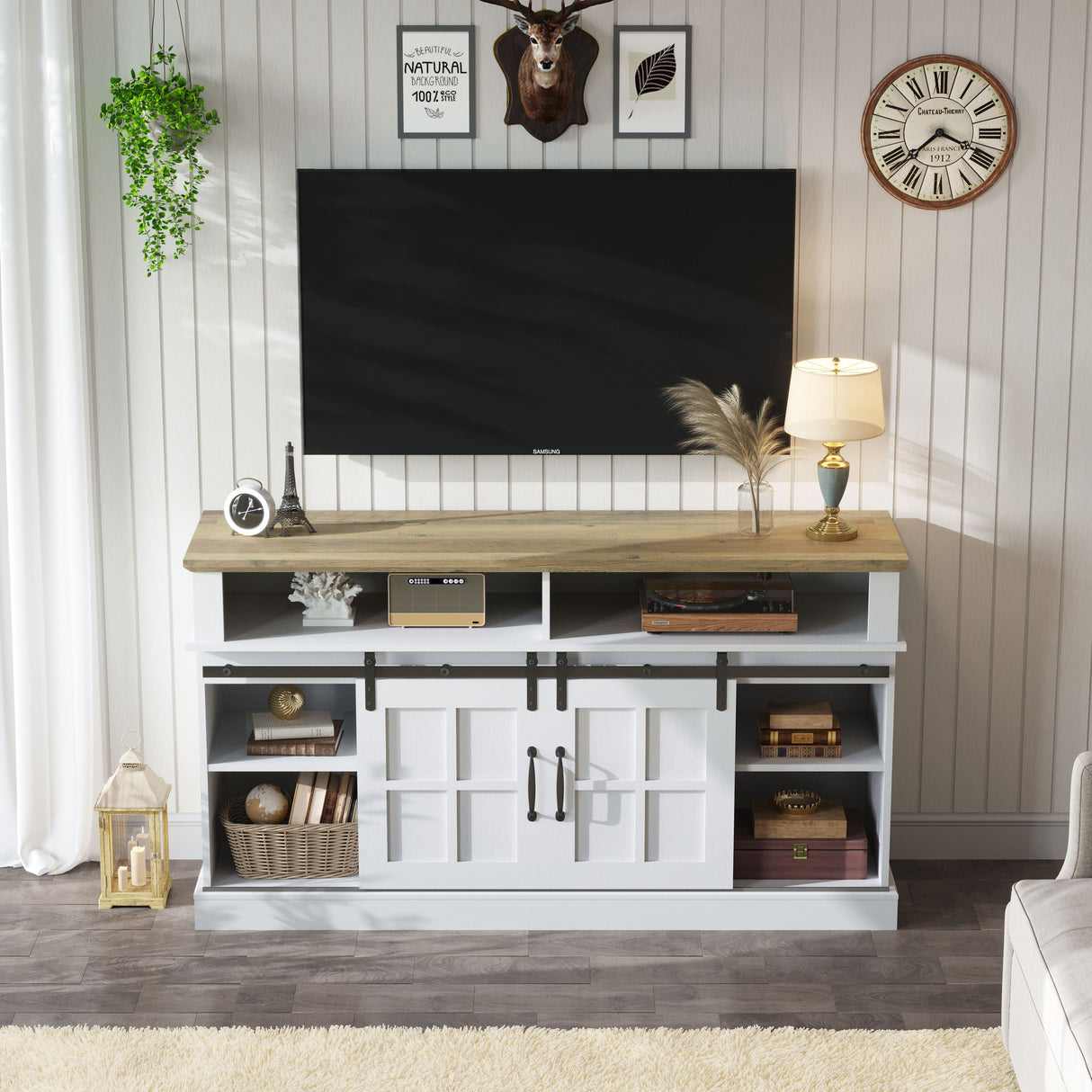 58" TV Stand With Storage Cabinet And Shelves - White