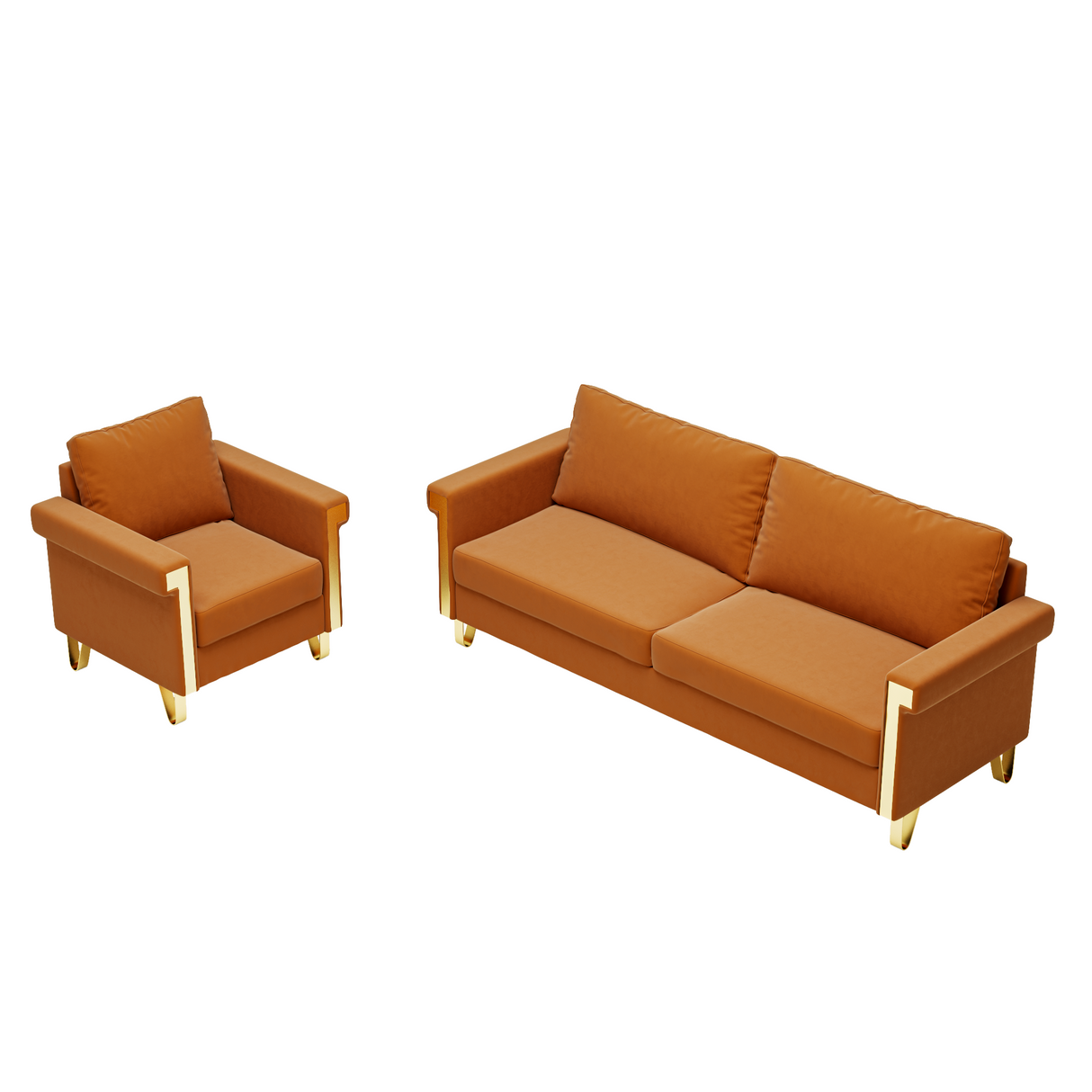 2 Piece living Room Set with Sofa and Chair, Orange Velvet