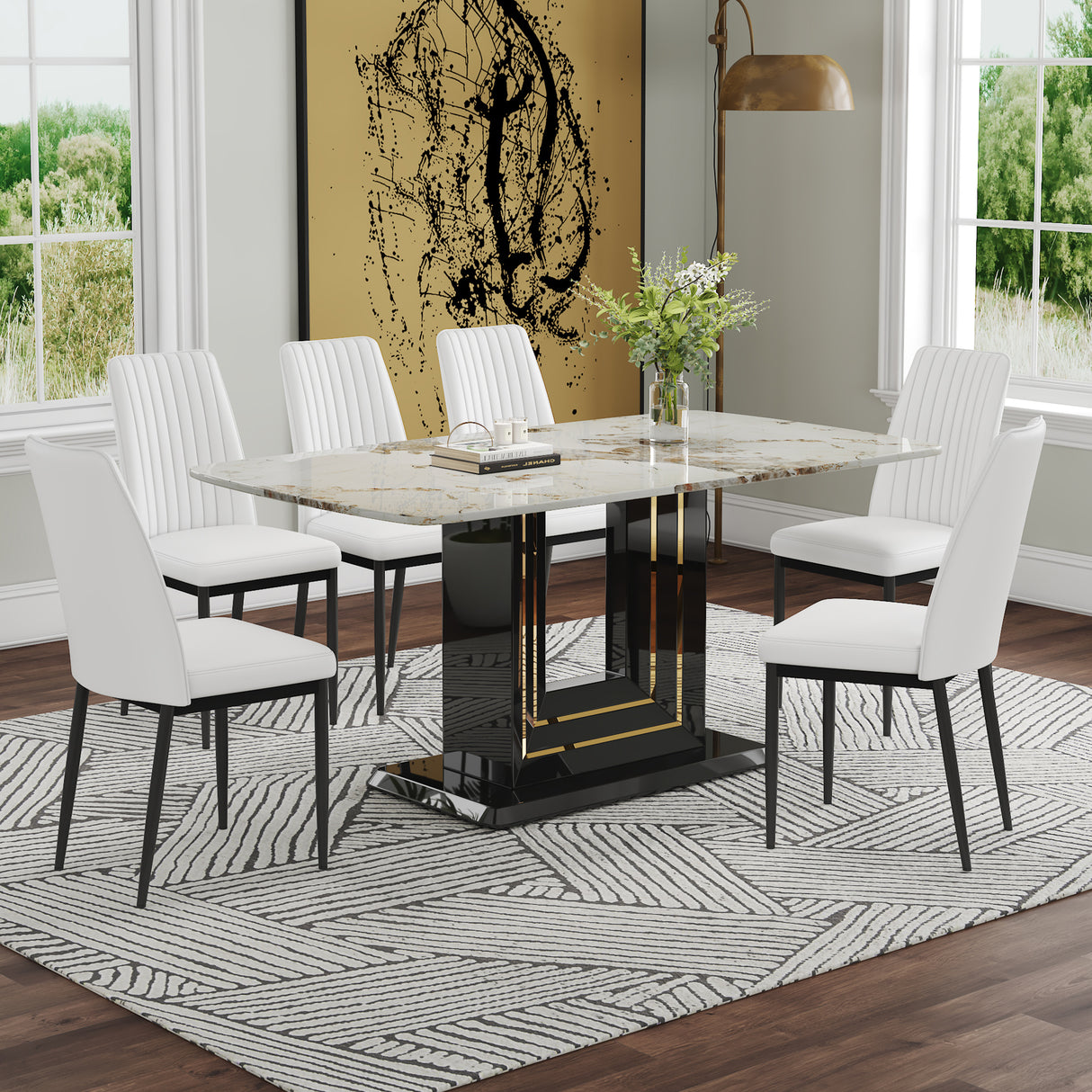 7-Piece Faux Marble Dining Set with 6 Upholstered White Chairs - White/Black