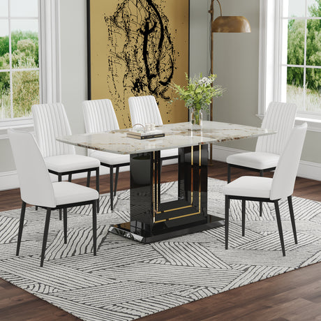 7-Piece Faux Marble Dining Set with 6 Upholstered White Chairs - White/Black