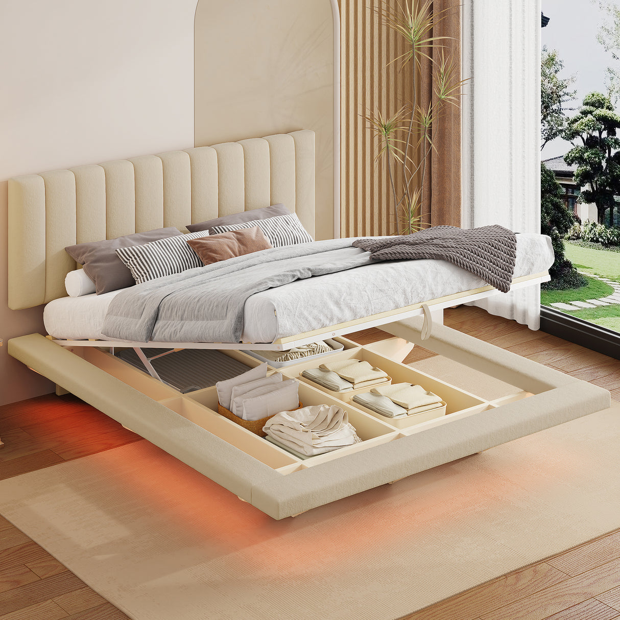 Queen Size Upholstered Floating Bed with LED Light and USB Port - Velvet Beige