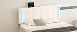 Queen Size Upholstered Bed with LED Lights, Hydraulic Storage System and USB Charging Station,White