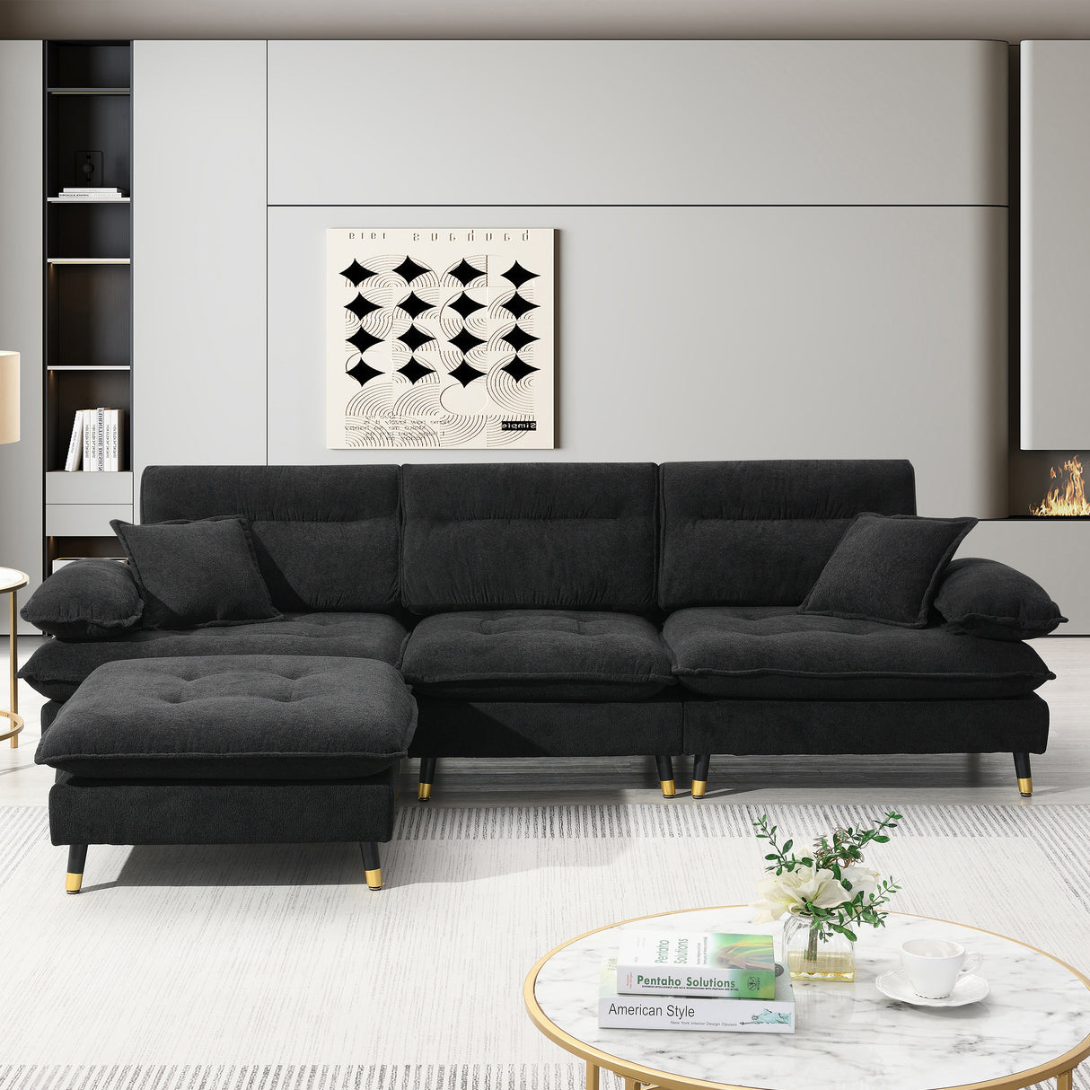 L shaped Sectional Sofa with Cloud Chenille Fabric and Ottoman - Black