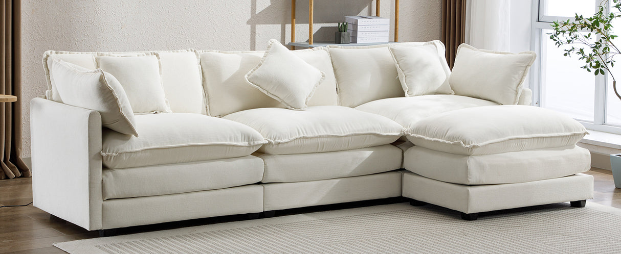 112.2" Chenille Upholstered Sofa with Ottoman and 5 Pillows - Off White