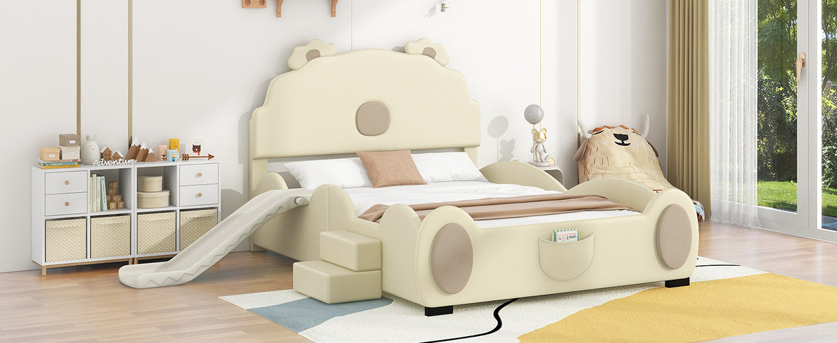 Full size Upholstered Platform Bed With Piglet Shape Headboard and Slide, Beige