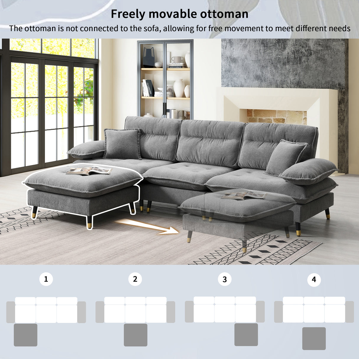 L shape Sectional Sofa with Cloud Chenille Fabric and Ottoman - Gray