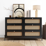 Modern Cannage Rattan Wood Closet 6 Drawer Dresser Wood Storage Cabinet Sideboard For Bedroom, Living Room, Entryway, Hallway