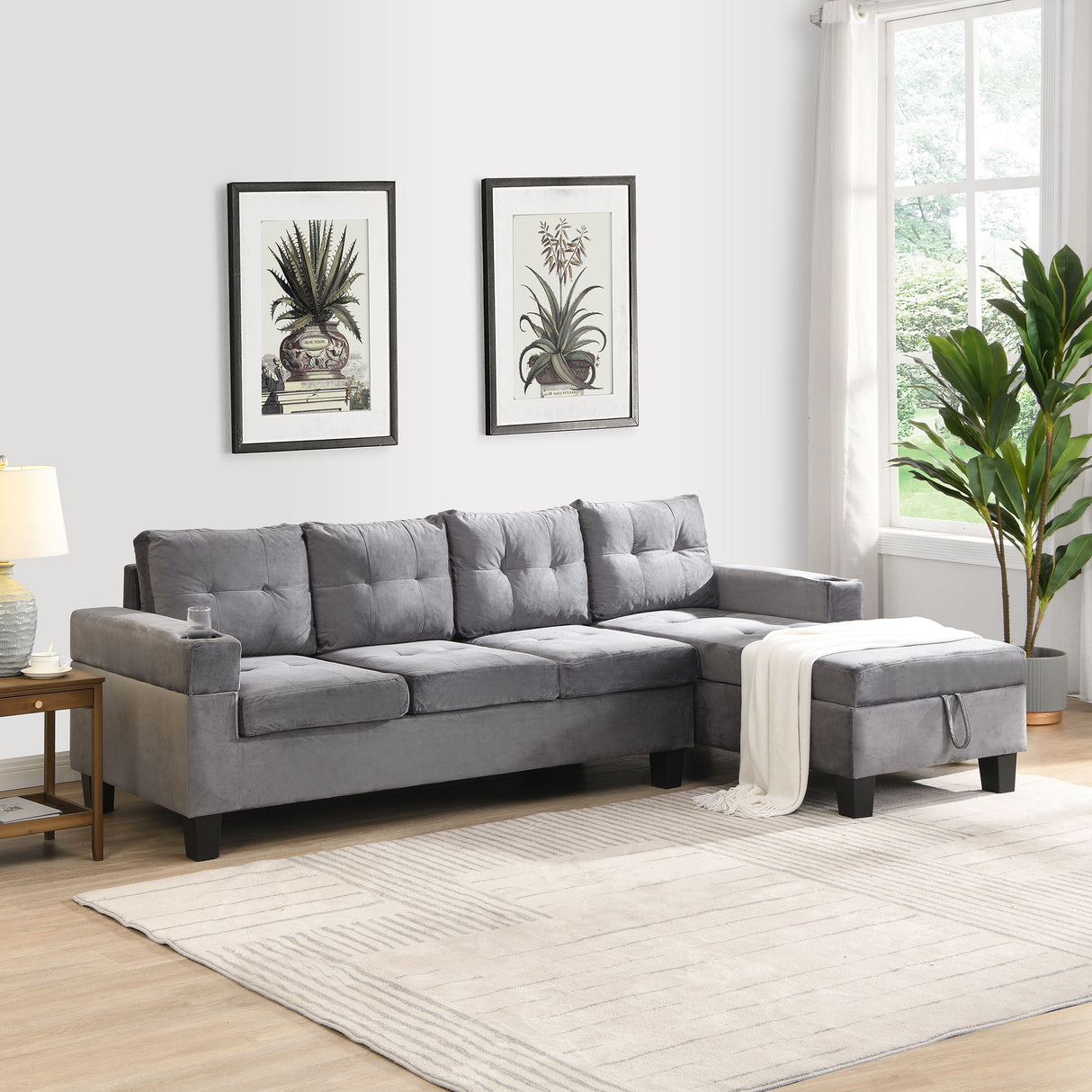 Modern Sectional Sofa With  Right Lounge Storage Chaise and Cup Holder - Gray