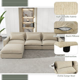 128" Chenille Cloud Sofa with Ottoman, Charging Ports and Three Back Pillows, Beige