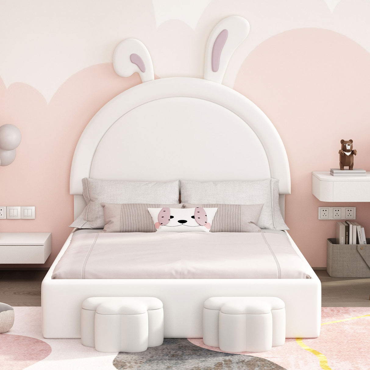 Full size Upholstered Rabbit-Shape Bed with 2 Storage Stools and Cartoon Ears Shaped Headboard, White