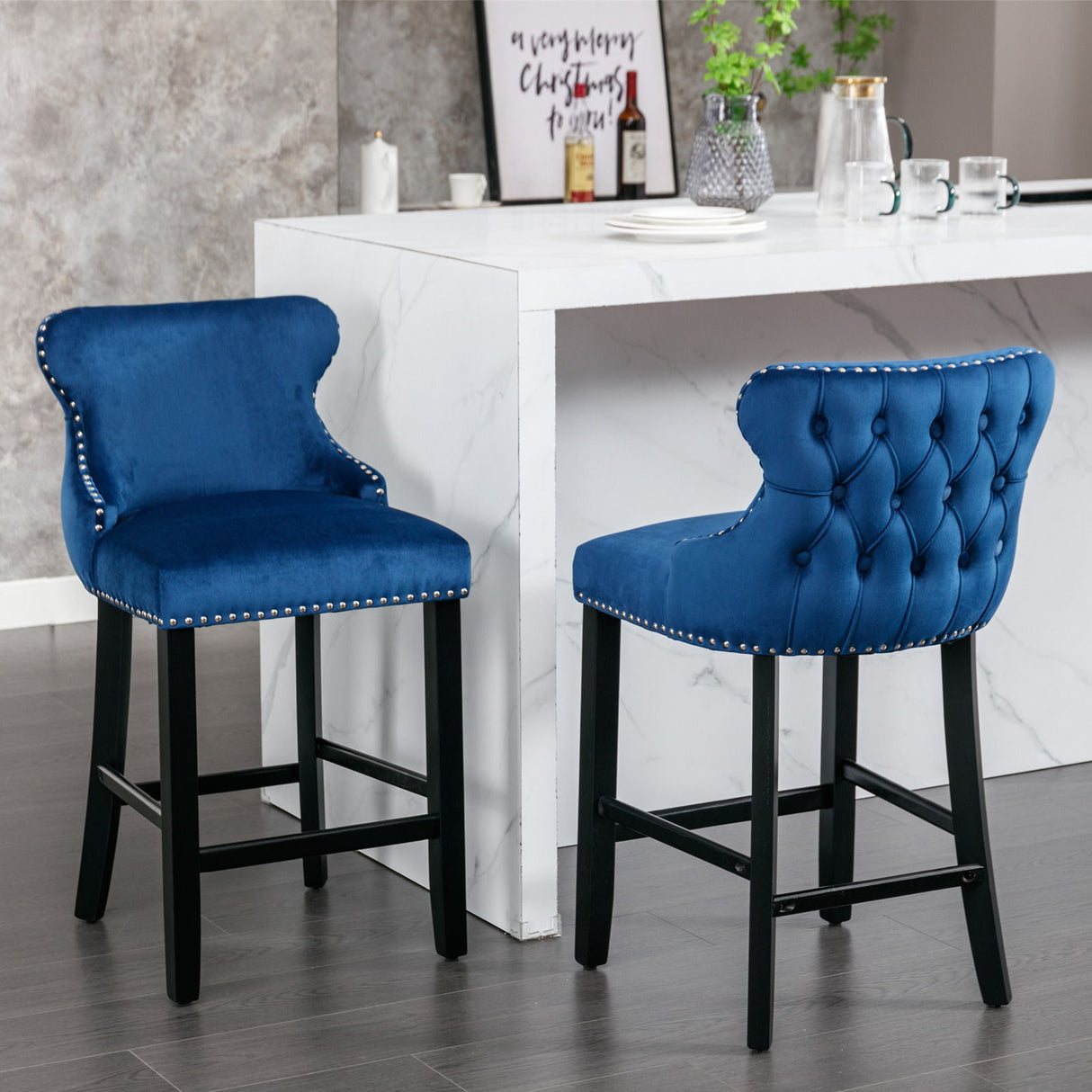 Contemporary Velvet Upholstered Wing-Back Barstools With Button Tufted Decoration And Wooden Legs, And Chrome Nailhead Trim, Leisure Style Bar Chairs, Bar Stools (Set of 2)