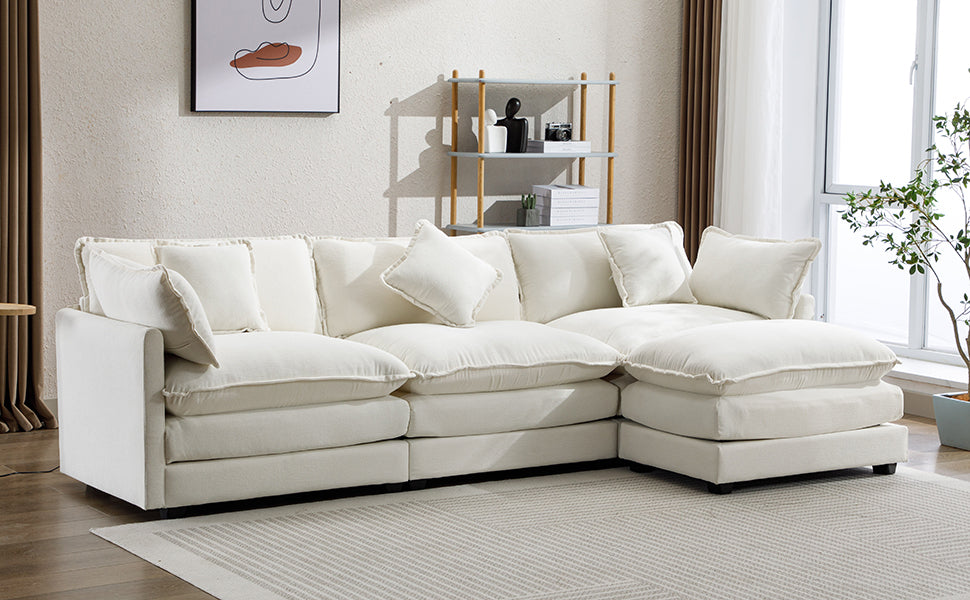 112.2" Chenille Upholstered Sofa with Ottoman and 5 Pillows - Off White