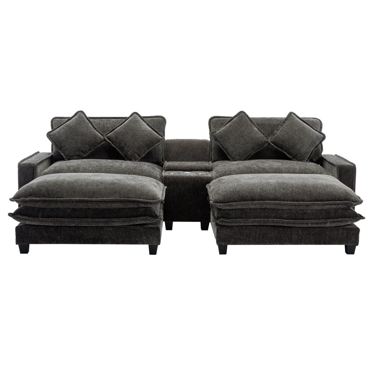 112.6" Chenille Upholstered Sofa with Two Ottomans, Two USB Ports, Two Cup Holders and Large Storage Box -Dark Gray