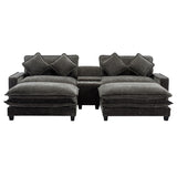 112.6" Chenille Upholstered Sofa with Two Ottomans, Two USB Ports, Two Cup Holders and Large Storage Box -Dark Gray