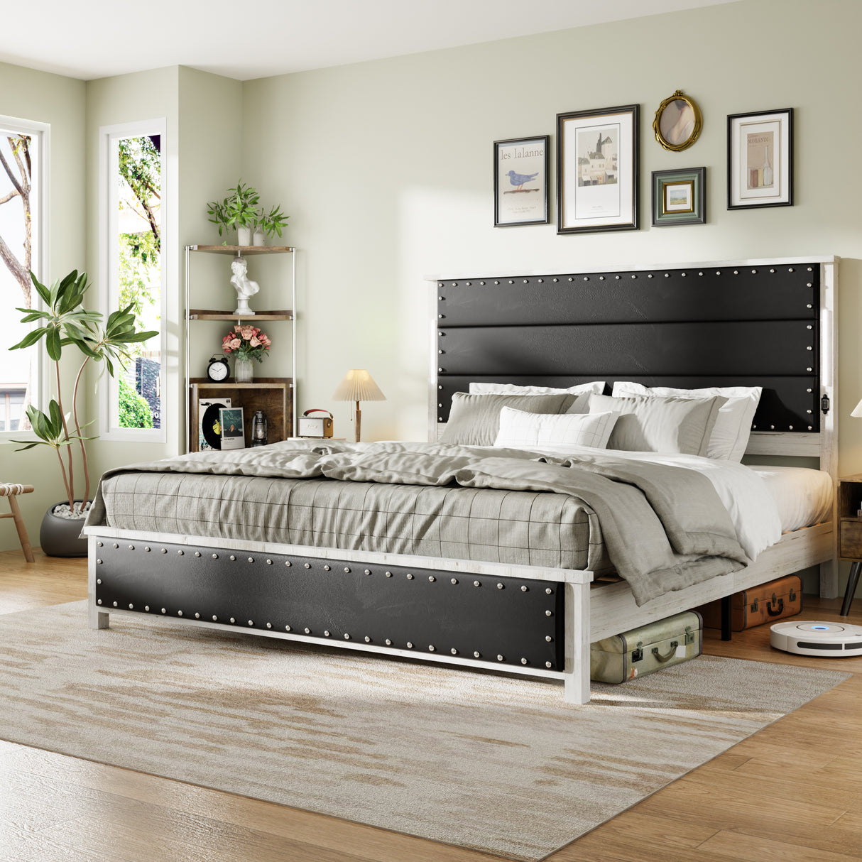 King Size Bed with Upholstered Headboard, Charging Station and LED Lights, Dark Grey