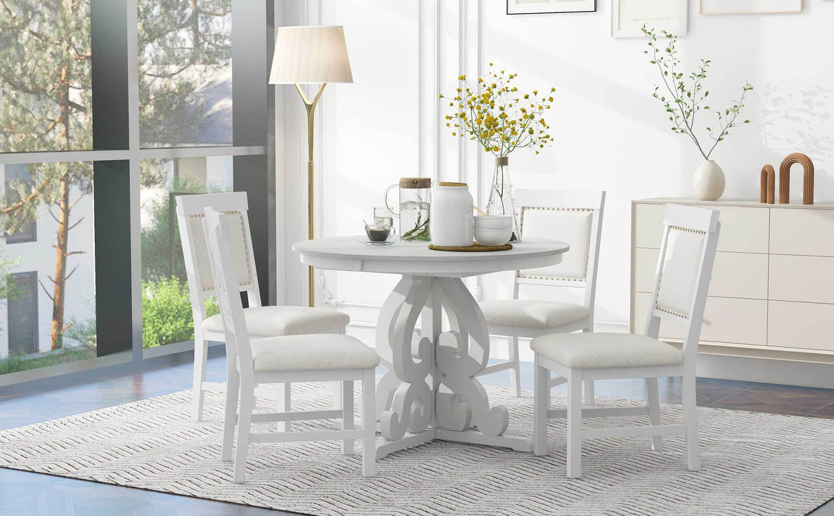 TREXM 5-Piece Retro Functional Dining Set with a 16-inch Leaf and 4 Upholstered Chairs (Antique White)