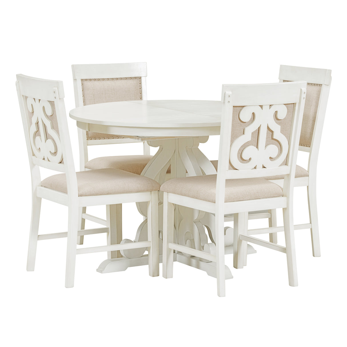 TREXM 5-Piece Retro Functional Dining Set with a 16-inch Leaf and 4 Upholstered Chairs (Antique White)