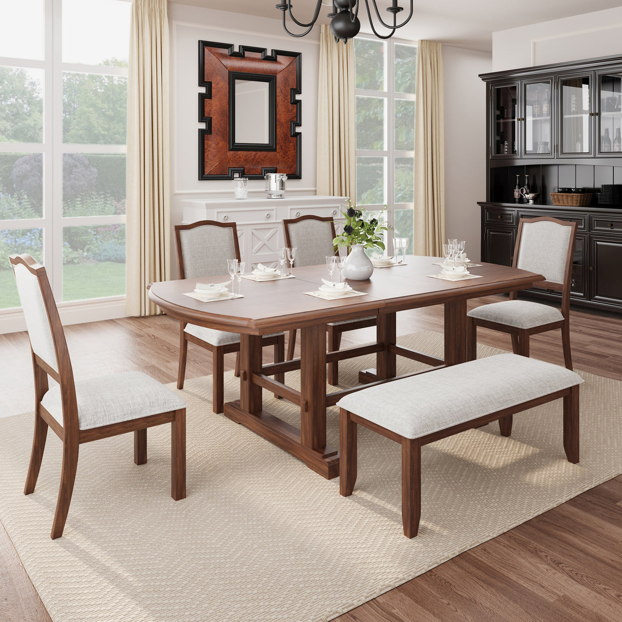 6-Piece Dining room Set With One extending Leaf, Upholstered bench and Chairs - Cherry