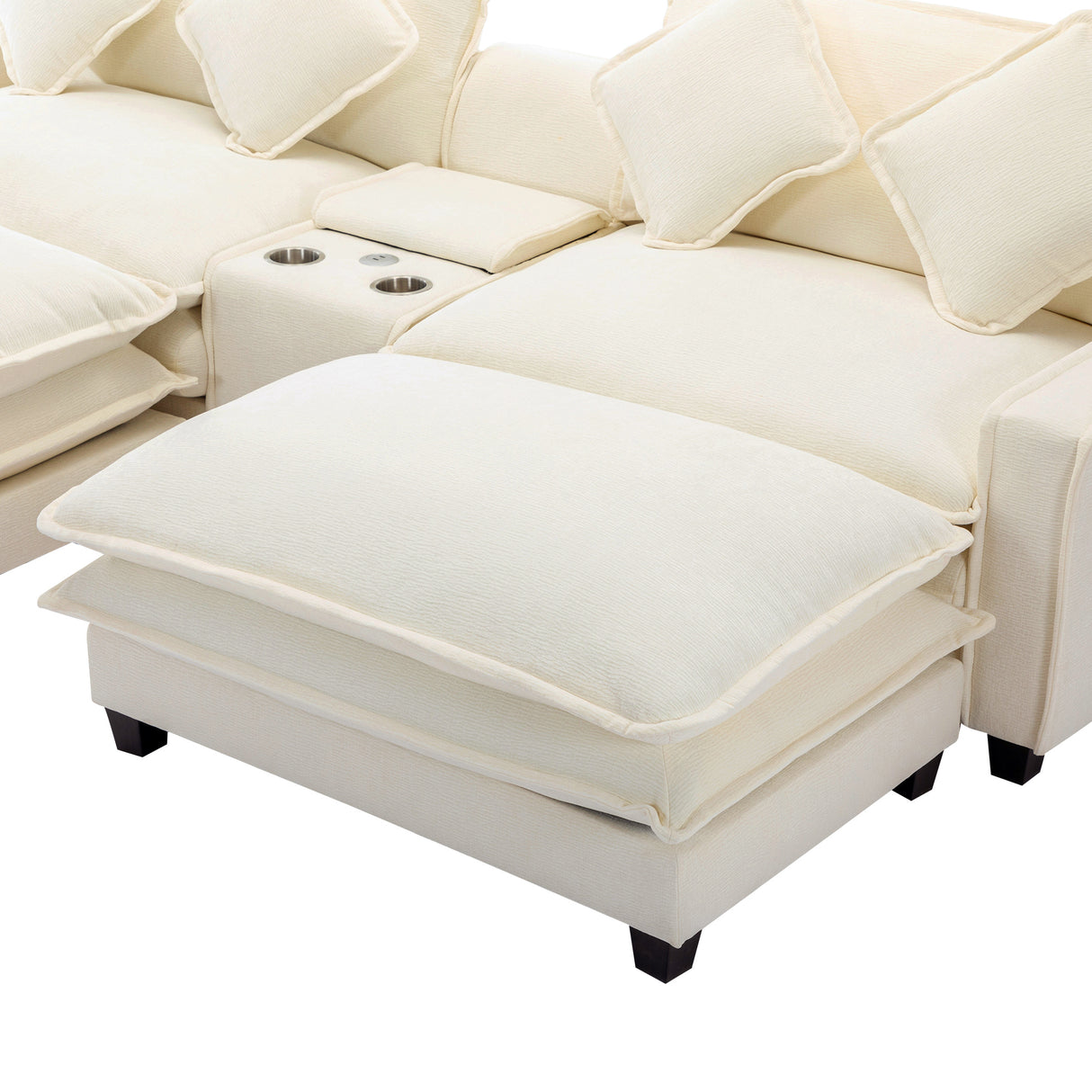 112.6" Chenille Upholstered Sofa with Two Ottomans, Two USB Ports, Two Cup Holders and Large Storage Box - Beige