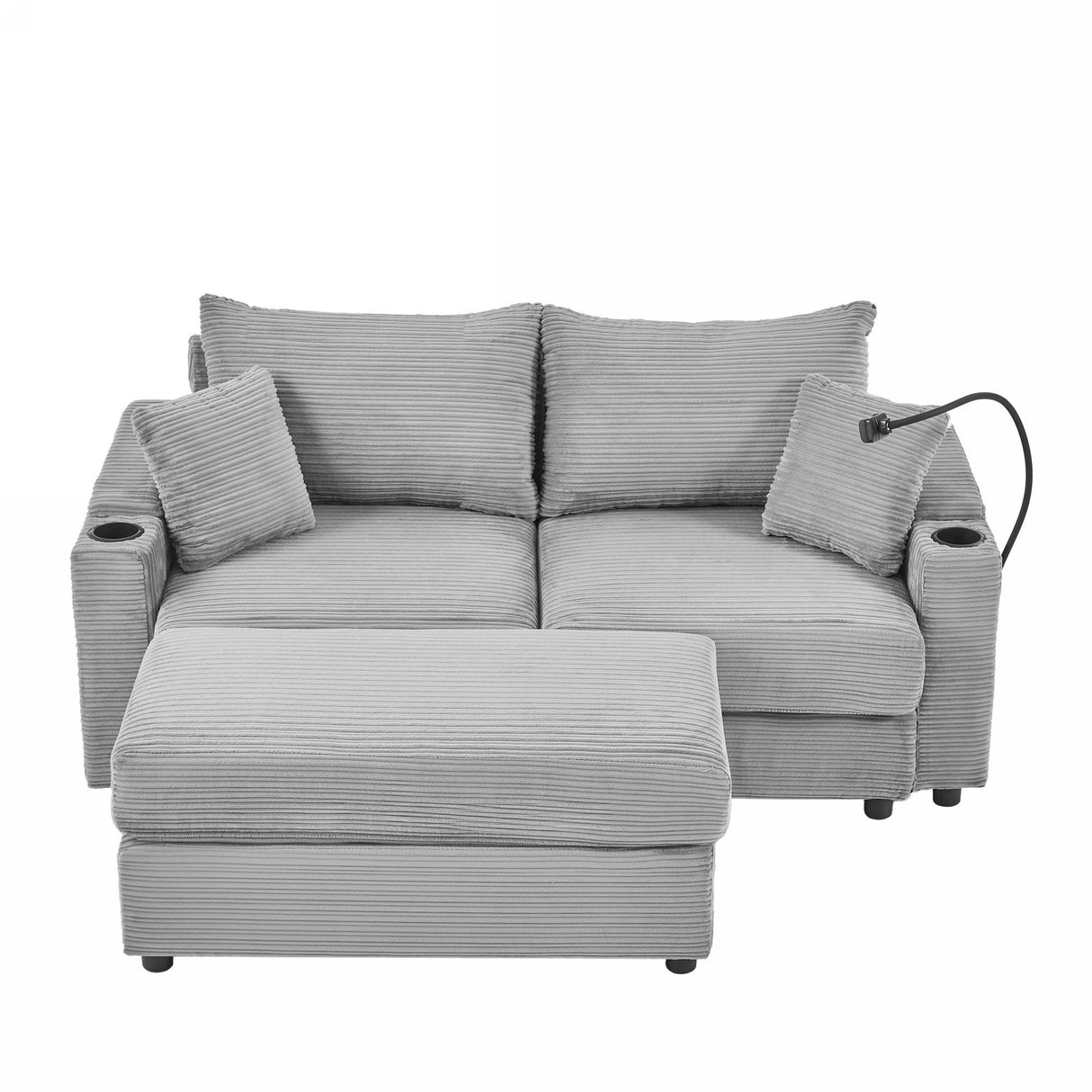 72.8" Modern Style Loveseat with Storage Space, Movable Ottoman, Two USB Ports, Two Cup Holders and Phone Holder - Gray