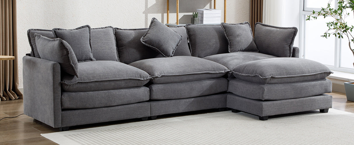 112.2" Chenille Upholstered Sofa with Ottoman and 5 Pillows - Gray